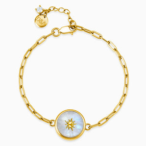 18KT Yellow Gold Vermeil Round Moonstone Paperclip Bracelet - Solo Sun Front View