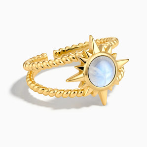 18KT Yellow Gold Vermeil Round Moonstone Sunburst Twisted Ring - Soleil Ray Front View