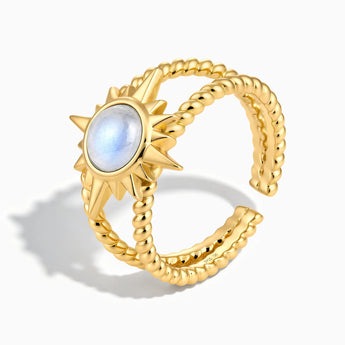 18KT Yellow Gold Vermeil Round Moonstone Sunburst Twisted Ring - Soleil Ray Side View