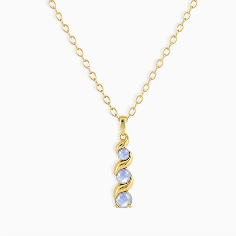 18KT Yellow Gold Vermeil Round Moonstone Triple Gemstone Twisted Necklace - Spiral Rondo Front View