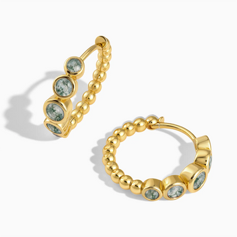 18KT Yellow Gold Vermeil Round Moss Agate Bezel Hoop Earrings - Beaded Reverie Front View