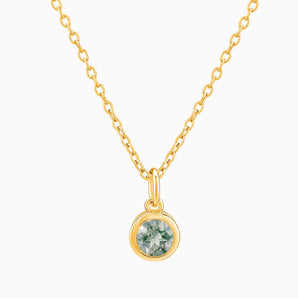 18KT Yellow Gold Vermeil Round Moss Agate Bezel Necklace - Elara Front View