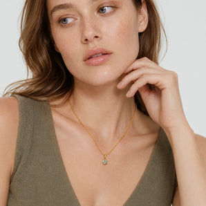 18KT Yellow Gold Vermeil Round Moss Agate Bezel Necklace - Elara Model Shot