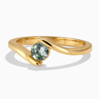 18KT Yellow Gold Vermeil Round Moss Agate Bypass Ring - Soft Haven Front View