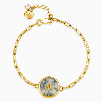 18KT Yellow Gold Vermeil Round Moss Agate Paperclip Bracelet - Solo Star Front View