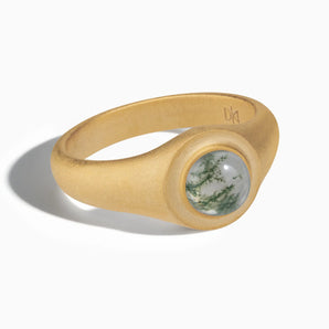 18KT Yellow Gold Vermeil Round Moss Agate Sandblasted Ring - Matte Sculpt Front View