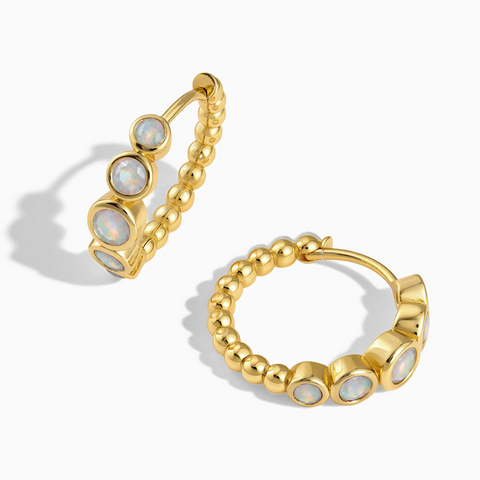 18KT Yellow Gold Vermeil Round Opal Bezel Hoop Earrings - Beaded Reverie Front View