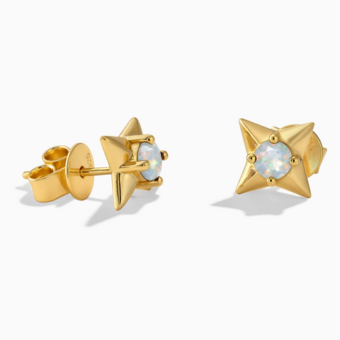 18KT Yellow Gold Vermeil Round Opal Four Point Star Stud Earrings - Wishkeeper Front View