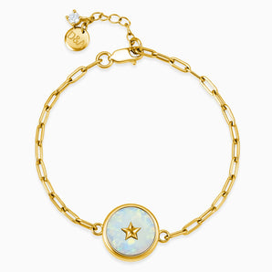 18KT Yellow Gold Vermeil Round Opal Paperclip Bracelet - Solo Star Front View