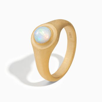 18KT Yellow Gold Vermeil Round Opal Sandblasted Ring - Matte Sculpt Side View