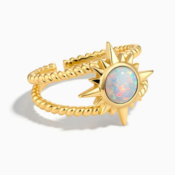 18KT Yellow Gold Vermeil Round Opal Sunburst Twisted Ring - Soleil Ray Front View