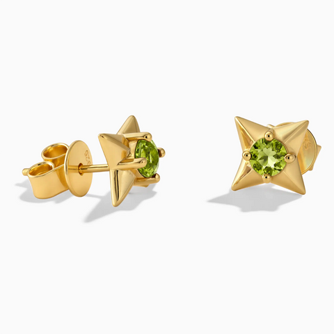 18KT Yellow Gold Vermeil Round Peridot Four Point Star Stud Earrings - Wishkeeper Front View