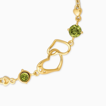 18KT Yellow Gold Vermeil Round Peridot Heart Infinity Bracelet - Evermore Detail View