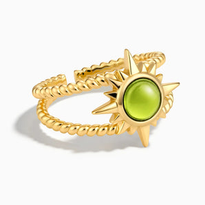 18KT Yellow Gold Vermeil Round Peridot Sunburst Twisted Ring - Soleil Ray Front View