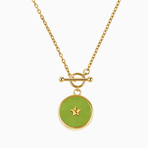 18KT Yellow Gold Vermeil Round Peridot Toggle Clasp Necklace - Inner Star Front View