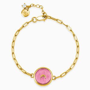 18KT Yellow Gold Vermeil Round Pink Tourmaline Paperclip Bracelet - Solo Moon Front View