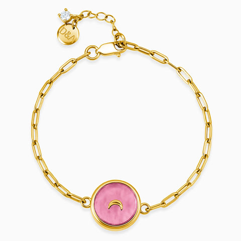 18KT Yellow Gold Vermeil Round Pink Tourmaline Paperclip Bracelet - Solo Moon Front View
