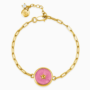 18KT Yellow Gold Vermeil Round Pink Tourmaline Paperclip Bracelet - Solo Star Front View