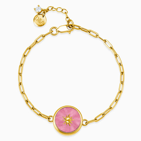 18KT Yellow Gold Vermeil Round Pink Tourmaline Paperclip Bracelet - Solo Sun Front View