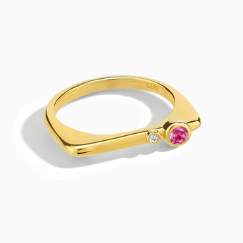 18KT Yellow Gold Vermeil Round Pink Tourmaline Puzzle Stacking Ring - Minimal Still Front View