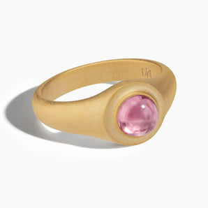 18KT Yellow Gold Vermeil Round Pink Tourmaline Sandblasted Ring - Matte Sculpt Front View