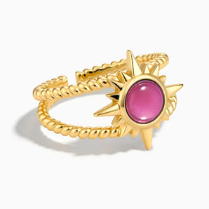 18KT Yellow Gold Vermeil Round Pink Tourmaline Sunburst Twisted Ring - Soleil Ray Front View