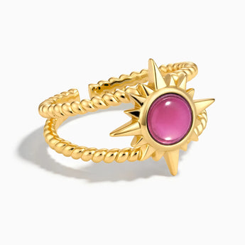 18KT Yellow Gold Vermeil Round Pink Tourmaline Sunburst Twisted Ring - Soleil Ray Front View