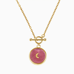 18KT Yellow Gold Vermeil Round Pink Tourmaline Toggle Clasp Necklace - Inner Moon Front View