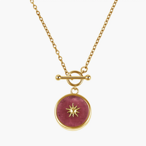 18KT Yellow Gold Vermeil Round Pink Tourmaline Toggle Clasp Necklace - Inner Sun Front View