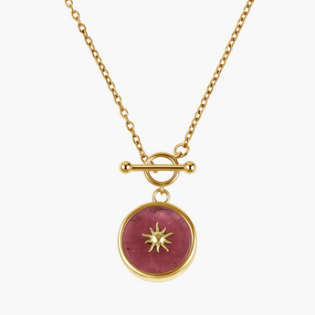 18KT Yellow Gold Vermeil Round Pink Tourmaline Toggle Clasp Necklace - Inner Sun Front View