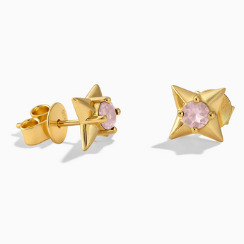 18KT Yellow Gold Vermeil Round Rose Quartz Four Point Star Stud Earrings - Wishkeeper Front View