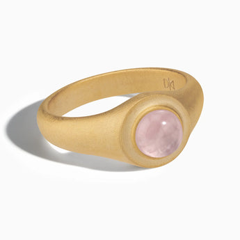 18KT Yellow Gold Vermeil Round Rose Quartz Sandblasted Ring - Matte Sculpt Front View