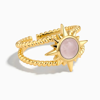 18KT Yellow Gold Vermeil Round Rose Quartz Sunburst Twisted Ring - Soleil Ray Front View