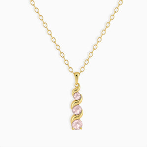 18KT Yellow Gold Vermeil Round Rose Quartz Triple Gemstone Twisted Necklace - Spiral Rondo Front View