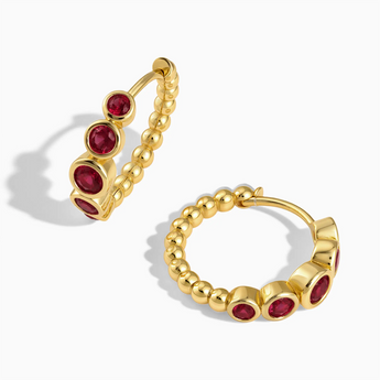 18KT Yellow Gold Vermeil Round Ruby Bezel Hoop Earrings - Beaded Reverie Front View