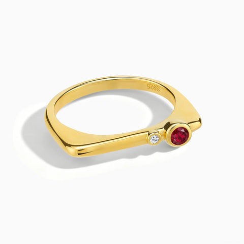 18KT Yellow Gold Vermeil Round Ruby Puzzle Stacking Ring - Minimal Still Front View