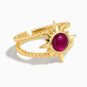 18KT Yellow Gold Vermeil Round Ruby Sunburst Twisted Ring - Soleil Ray Front View