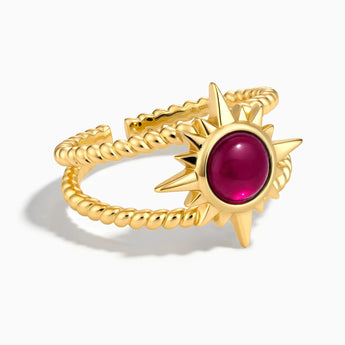 18KT Yellow Gold Vermeil Round Ruby Sunburst Twisted Ring - Soleil Ray Front View