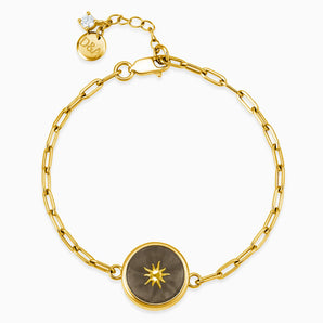 18KT Yellow Gold Vermeil Round Smoky Quartz Paperclip Bracelet - Solo Sun Front View