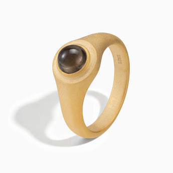 18KT Yellow Gold Vermeil Round Smoky Quartz Sandblasted Ring - Matte Sculpt Side View