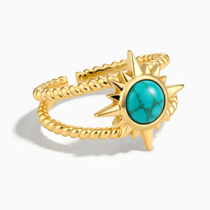 18KT Yellow Gold Vermeil Round Turquoise Sunburst Twisted Ring - Soleil Ray Front View