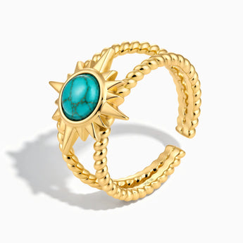 18KT Yellow Gold Vermeil Round Turquoise Sunburst Twisted Ring - Soleil Ray Side View