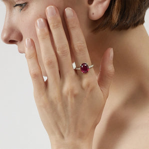 18KT Yellow Gold Vermeil Ruby Cabochon Ring - Minimal Spiritual Model Shot
