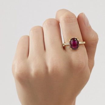 18KT Yellow Gold Vermeil Ruby Cabochon Ring - Minimal Spiritual Worn View