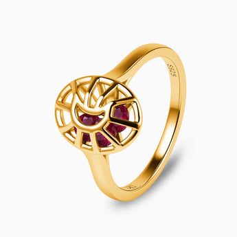 18KT Yellow Gold Vermeil Ruby Crescent Moon Hollow Oval Shaker Ring - Soul Cage Side View