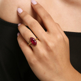 18KT Yellow Gold Vermeil Ruby Marquise Ring - Silent Glow Worn View