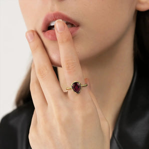 18KT Yellow Gold Vermeil Ruby Pear Ring - Still Light Model Shot