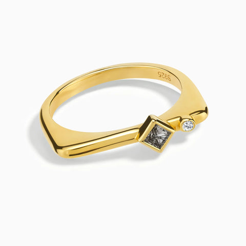 18KT Yellow Gold Vermeil Square Black Rutilated Quartz Puzzle Stacking Ring - Minimal Light Front View