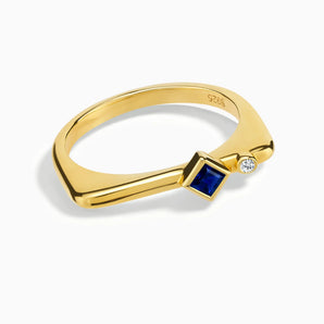18KT Yellow Gold Vermeil Square Blue Sapphire Puzzle Stacking Ring - Minimal Light Front View
