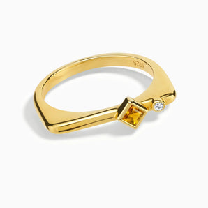 18KT Yellow Gold Vermeil Square Citrine Puzzle Stacking Ring - Minimal Light Front View
